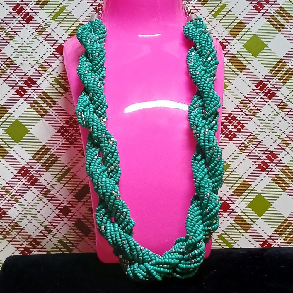 Fashion Vintage Costume Chunky Teal Spiral Beaded Necklace Jewelry #79